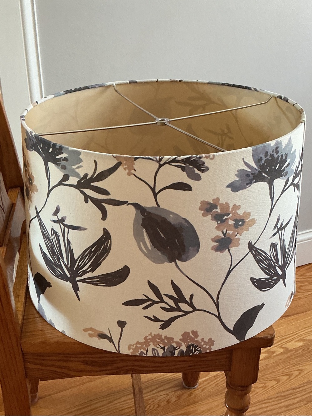 Lamp Shade  Floral Neutral Drum  Large  16” top 18” bottom, 11” high. Beautiful